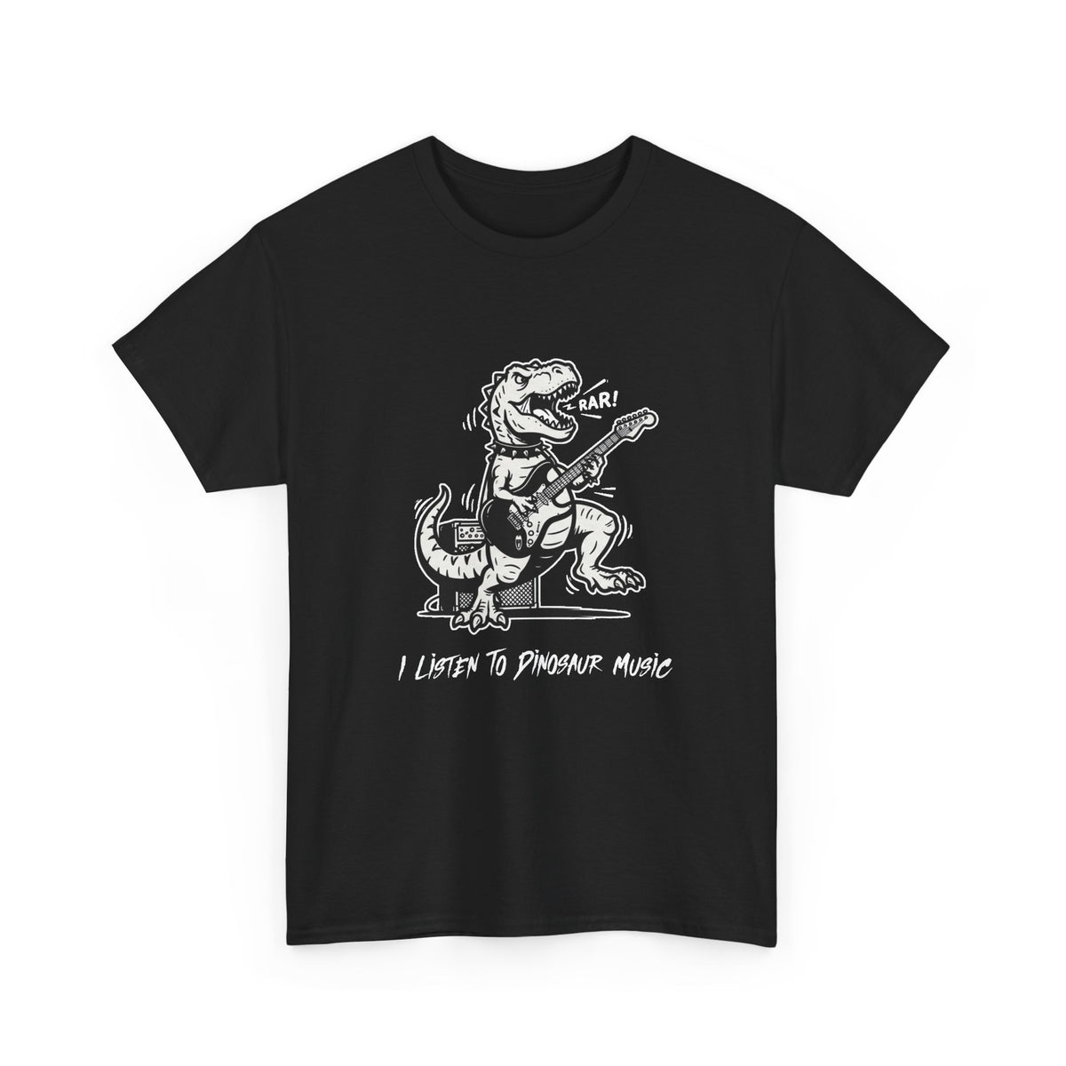 I Listen to Dinosaur Music | Unisex T-Shirt | Retro Guitar T-Rex | Black Tee