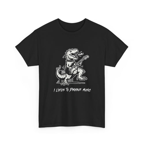 I Listen to Dinosaur Music | Unisex T-Shirt | Retro Guitar T-Rex | Black Tee