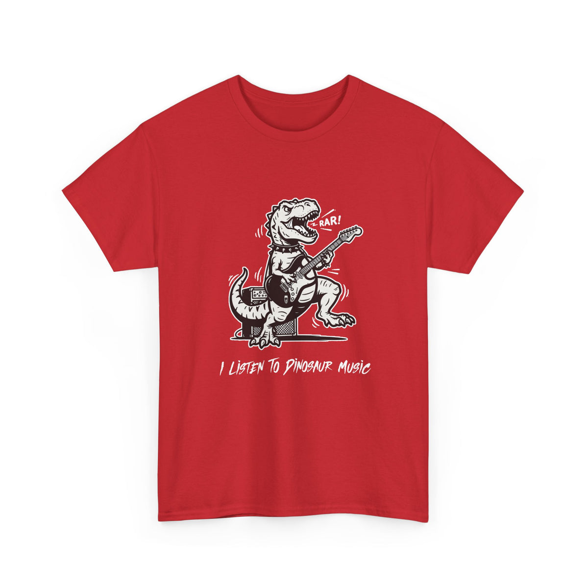 I Listen to Dinosaur Music | Unisex T-Shirt | Retro Guitar T-Rex | Red Tee