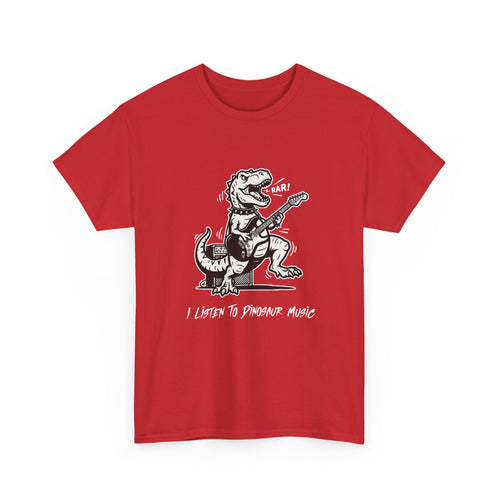 I Listen to Dinosaur Music | Unisex T-Shirt | Retro Guitar T-Rex | Red Tee