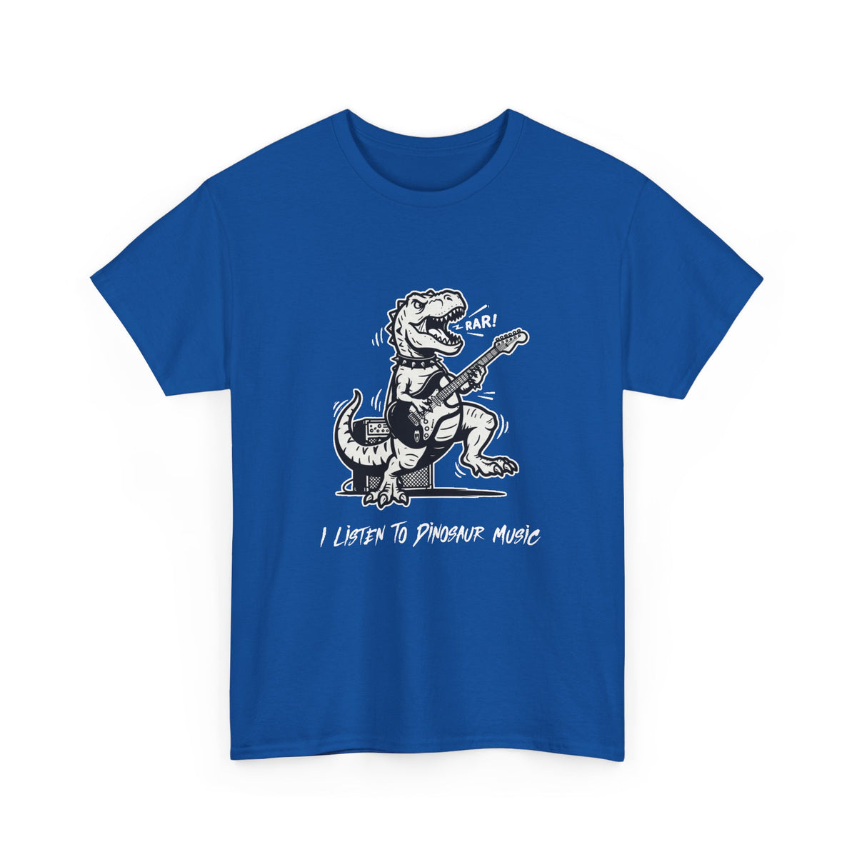 I Listen to Dinosaur Music | Unisex T-Shirt | Retro Guitar T-Rex | Blue Tee