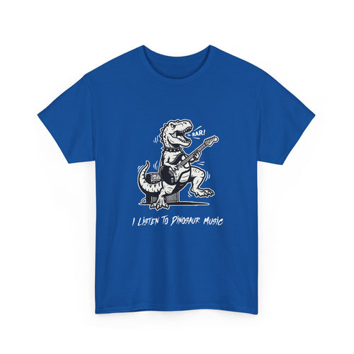 I Listen to Dinosaur Music | Unisex T-Shirt | Retro Guitar T-Rex | Blue Tee