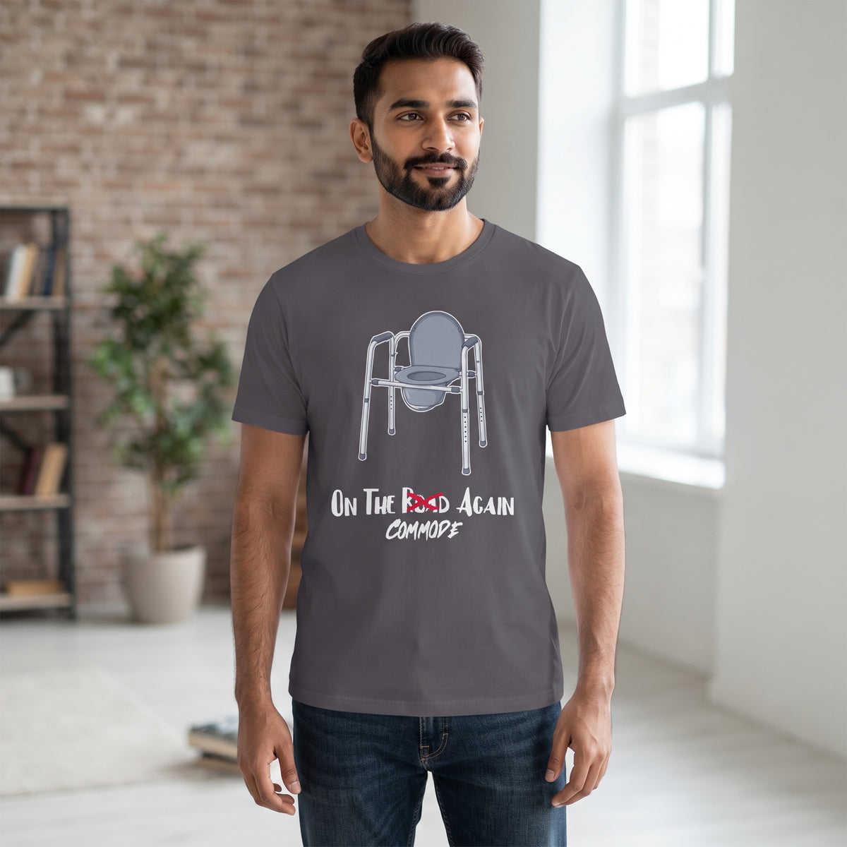 On The Commode Again | Unisex T-Shirt | Commode Humor Tee – "On The Road Again" | Grey Tee