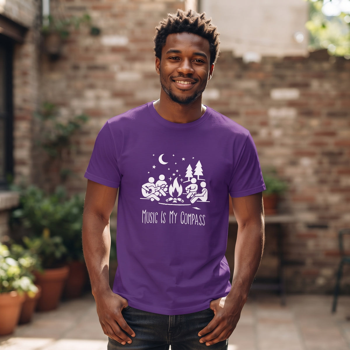 Music Is My Compass | Unisex T‑Shirt | Campfire Guitar Graphic | Purple Tee