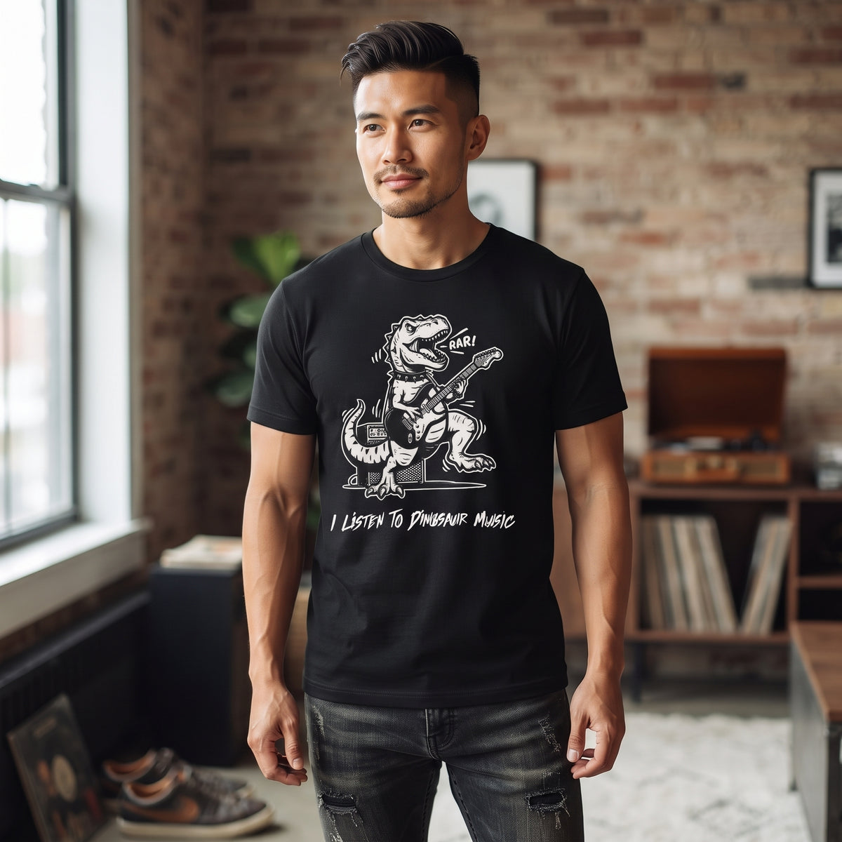 I Listen to Dinosaur Music | Unisex T-Shirt | Retro Guitar T-Rex | Black Tee