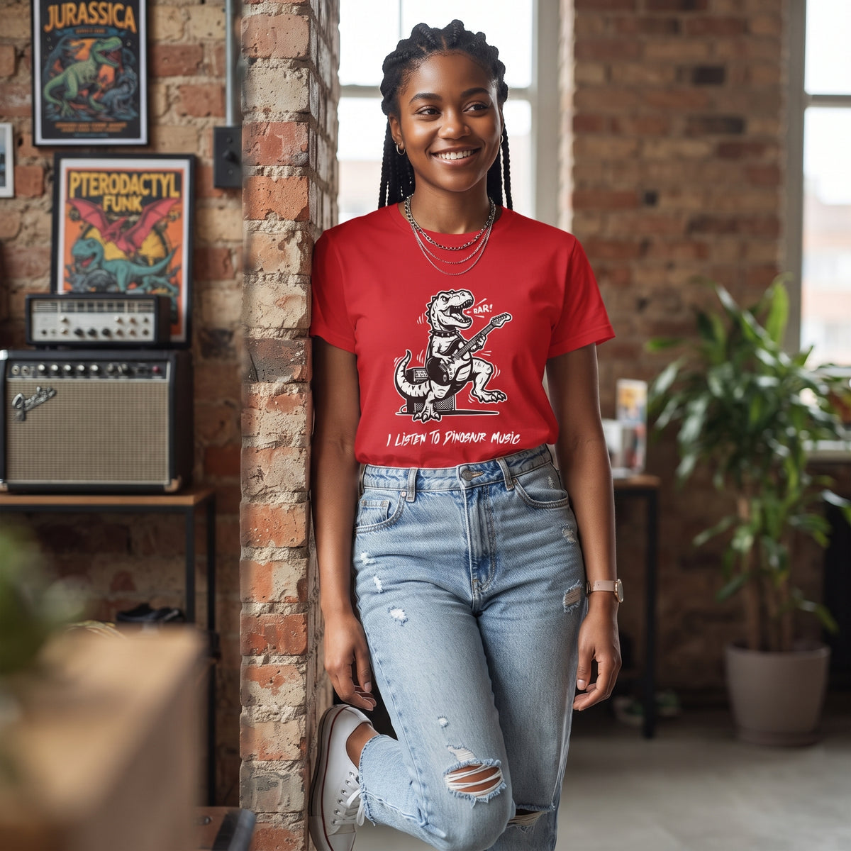 I Listen to Dinosaur Music | Unisex T-Shirt | Retro Guitar T-Rex | Red Tee