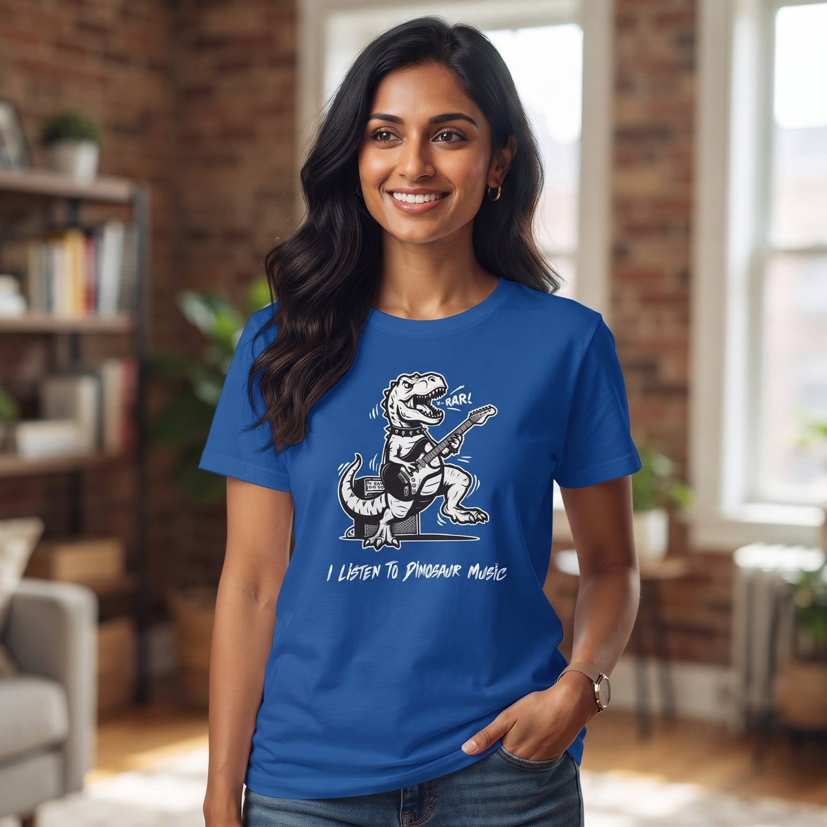I Listen to Dinosaur Music | Unisex T-Shirt | Retro Guitar T-Rex | Blue Tee