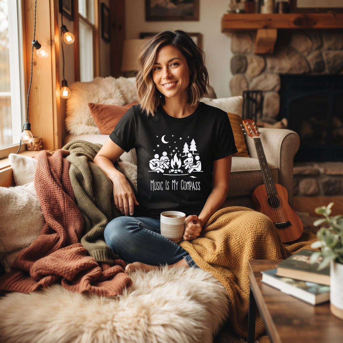 Music Is My Compass | Unisex T‑Shirt | Campfire Guitar Graphic | Black Tee