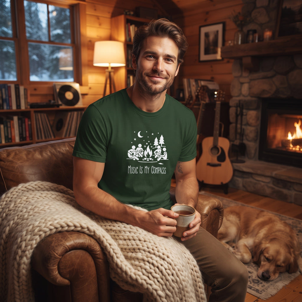 Music Is My Compass | Unisex T‑Shirt | Campfire Guitar Graphic | Green Tee