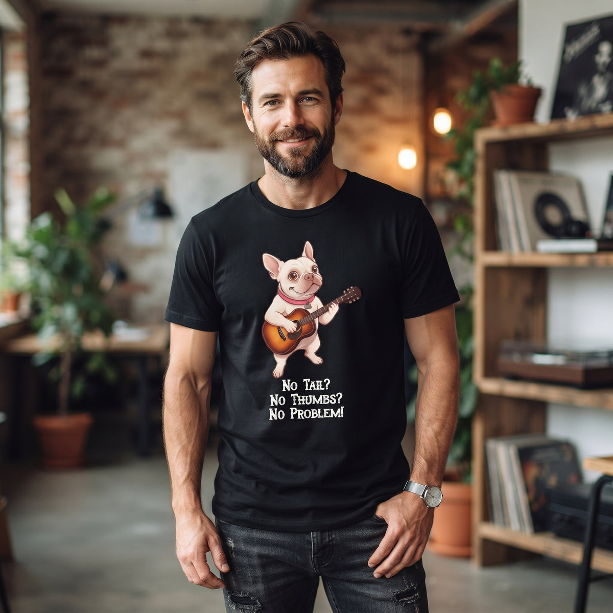 French Bulldog Guitar Tee | "No Tail? No Thumbs? No Problem!" | Cute Music Lover T-Shirt
